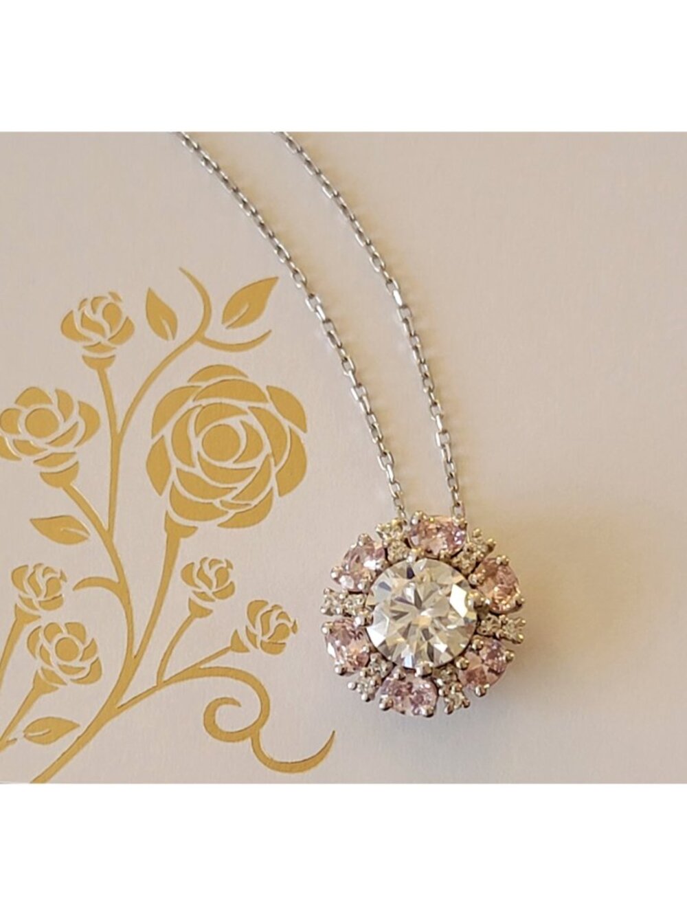 2Ct Moissanite Pink CZ Halo Necklace 925 Sterling Silver 18in NWT
